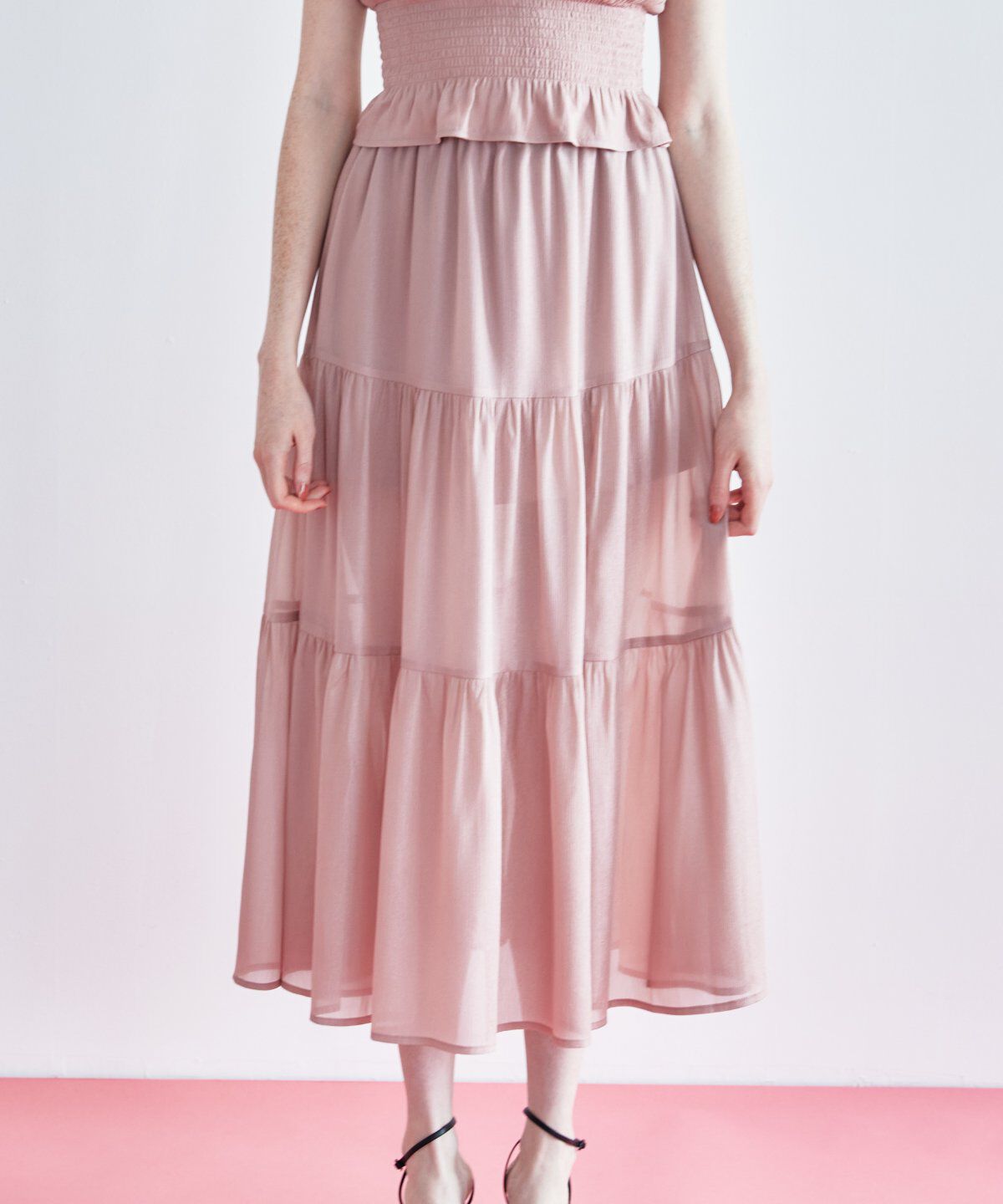 REDYAZEL「シャイニー楊柳ティアードスカート」|フレア|