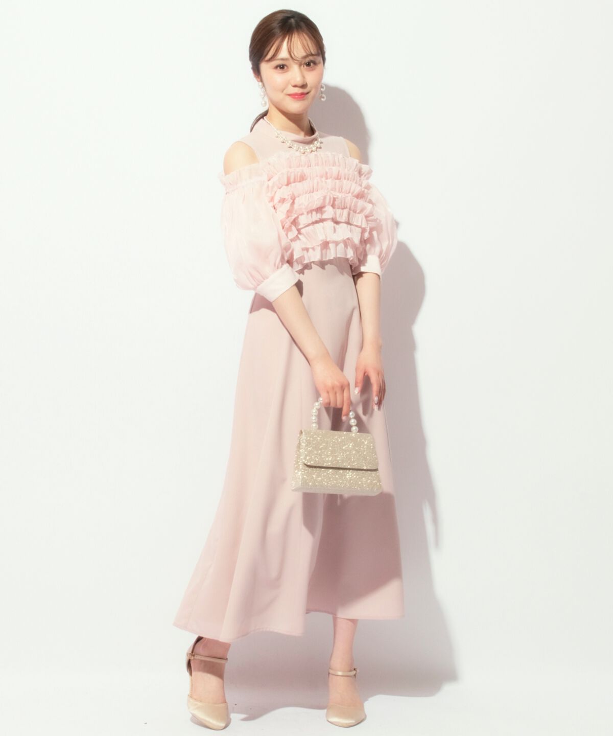 WILLSELECTION「オフショル袖ボリュームドレス」|ドレス|ピンク