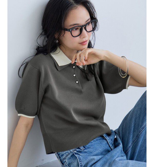 VIS「ダブルカラー半袖ポロニットトップス/イージーケア・WEB限定カラー」|ポロシャツ|グレー(07)