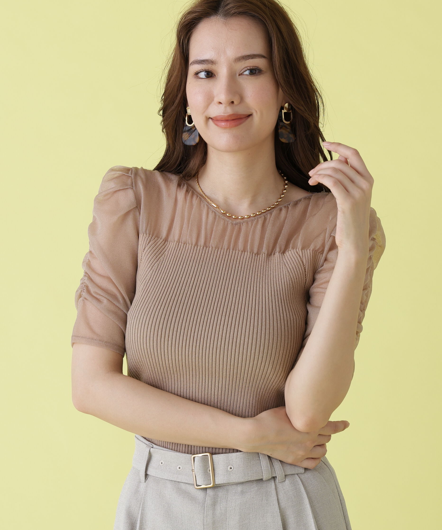  「ラメニットシアーコンビプルオーバー」|ニット・セーター|ベージュ