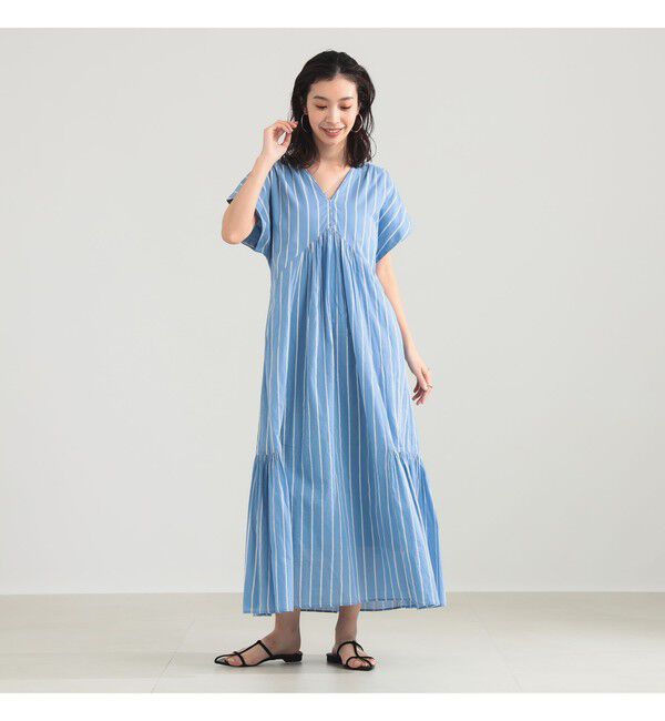 Demi-Luxe BEAMS 「【別注】ne Quittez pas / ボイル ストライプ フレンチスリーブ ワンピース」|ワンピース|BLUE