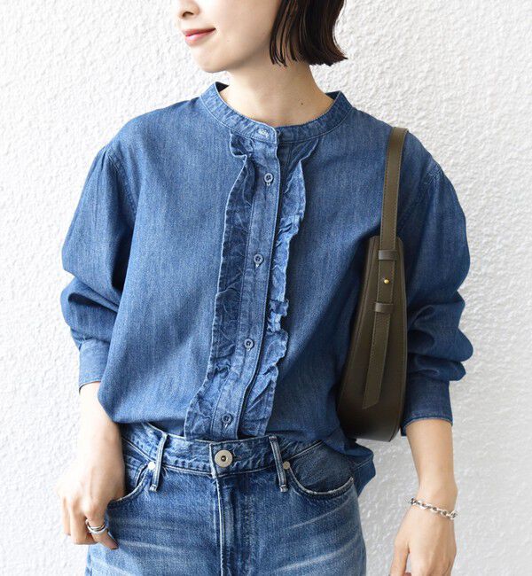 SHIPS for women「〈洗濯機可能〉ライトオンス フリル デニム シャツ」|シャツ・ブラウス|ブルー
