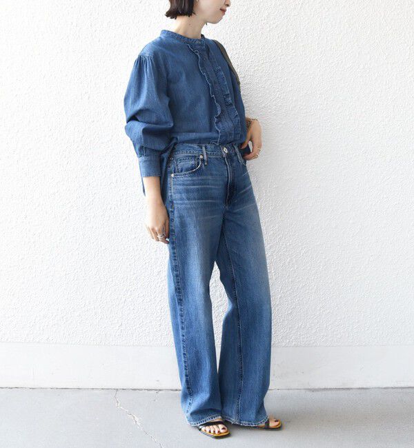 SHIPS for women「〈洗濯機可能〉ライトオンス フリル デニム シャツ」|シャツ・ブラウス|