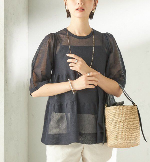 SHIPS for women「〈手洗い可能〉麻混 シアー ティアード ショート スリーブ プルオーバー」|ニット・セーター|ネイビー