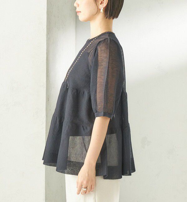 SHIPS for women「〈手洗い可能〉麻混 シアー ティアード ショート スリーブ プルオーバー」|ニット・セーター|