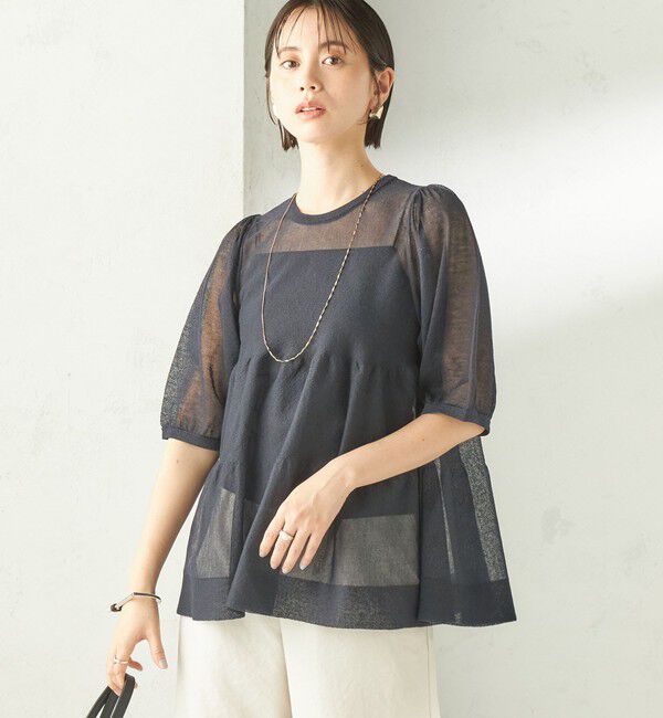 SHIPS for women「〈手洗い可能〉麻混 シアー ティアード ショート スリーブ プルオーバー」|ニット・セーター|