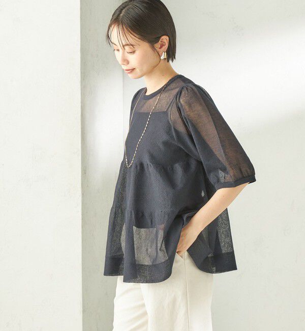 SHIPS for women「〈手洗い可能〉麻混 シアー ティアード ショート スリーブ プルオーバー」|ニット・セーター|