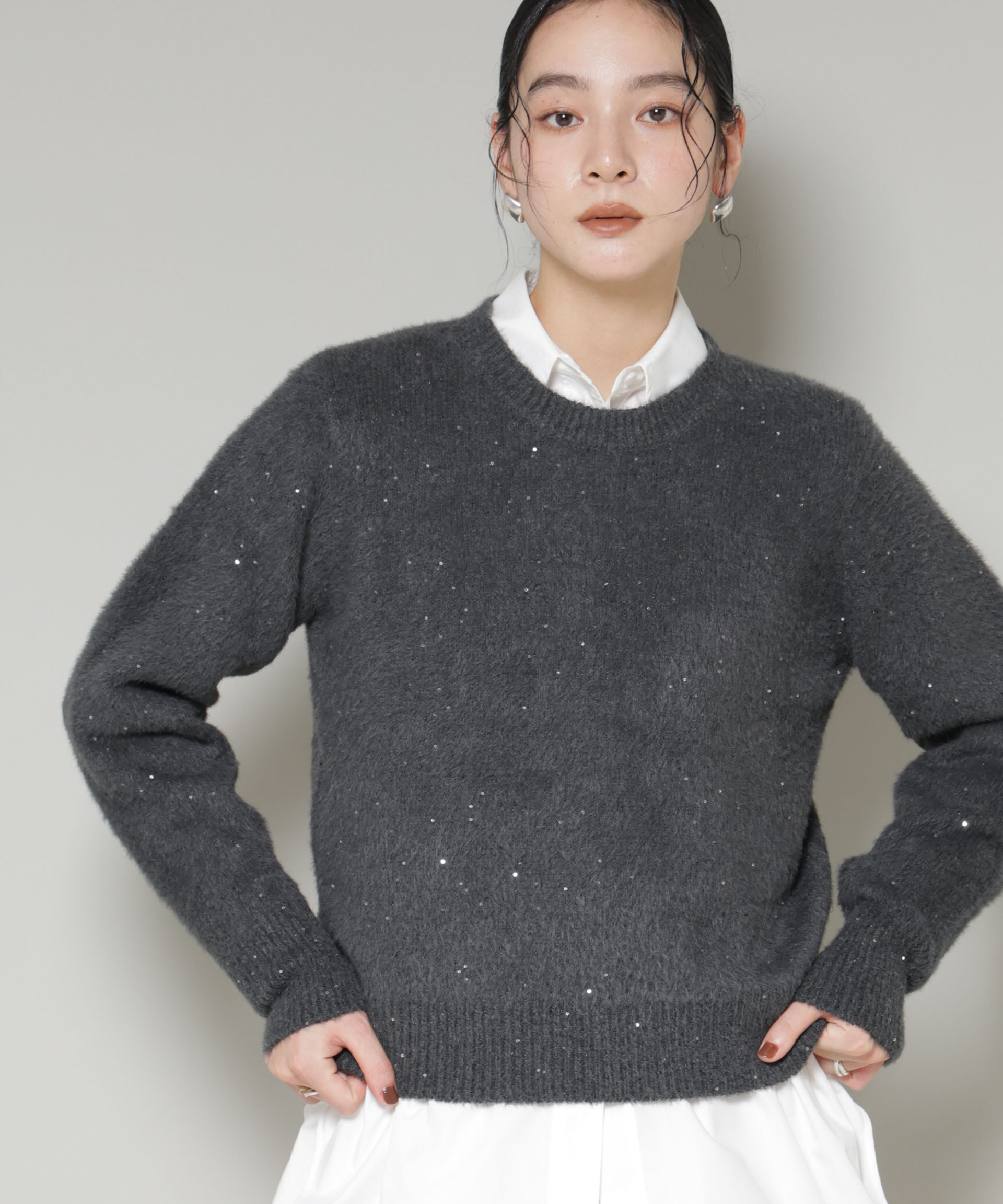 nano･universe「スパンコールフェザーニットプルオーバー」|ニット・セーター|チャコール3