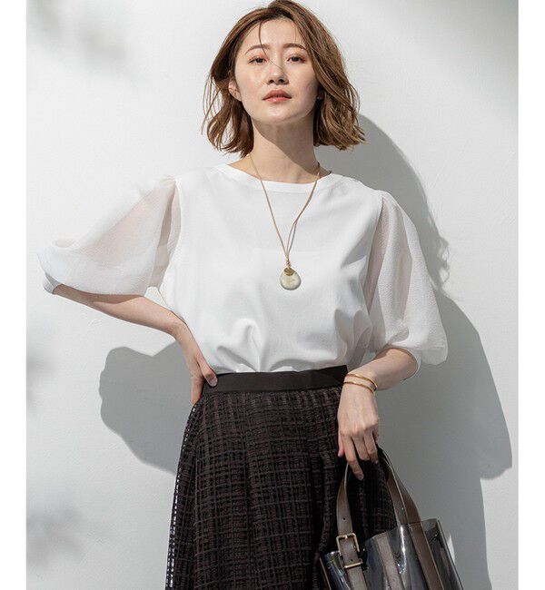 23区「【洗える】シアーチェッククロスコンビ ニット」|ニット・セーター|ホワイト系