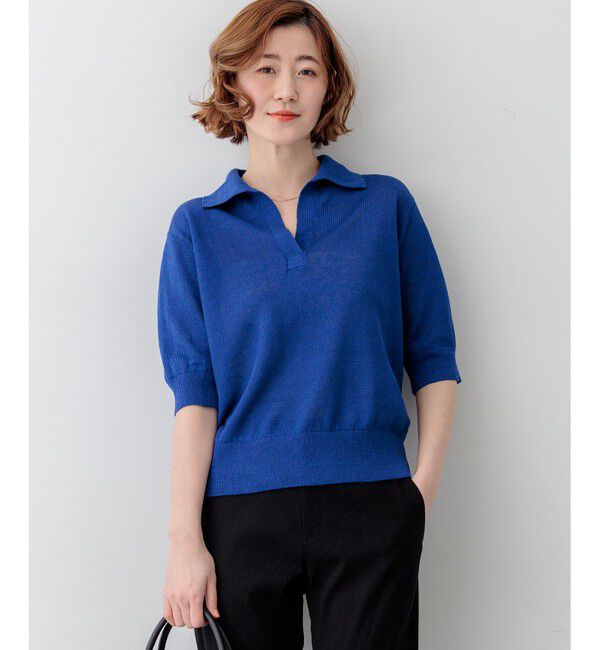 23区「【CanCam掲載】ピュアリネン スキッパー ポロニット」|ニット・セーター|ブルー系