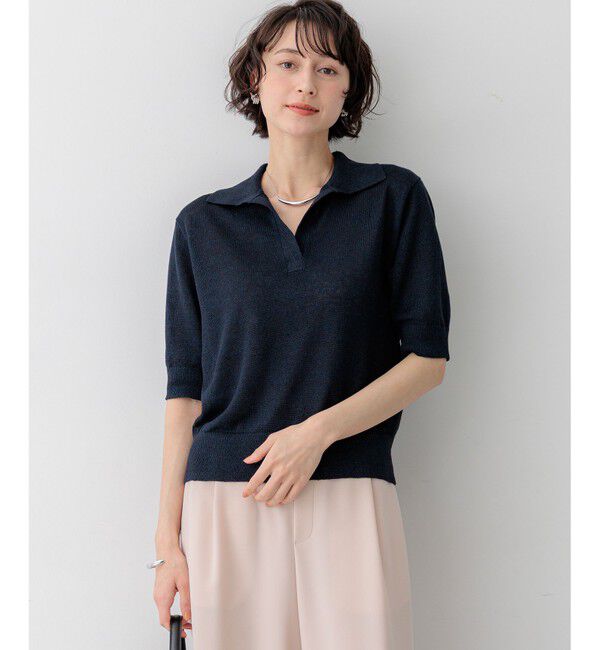 23区「【CanCam掲載】ピュアリネン スキッパー ポロニット」|ニット・セーター|ネイビー系