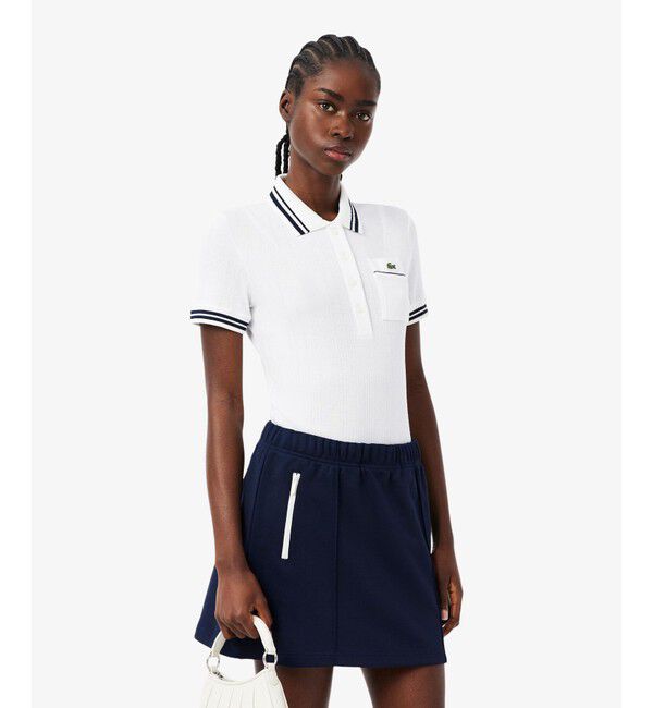 LACOSTE「フランスメイド ナローリブニットポロシャツ」|ポロシャツ|ホワイト&times;ネイビー