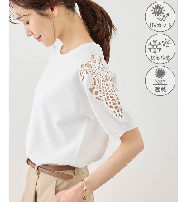 Rope&rsquo;Picnic「八方映えニット 袖レースニットプルオーバー/UVカット・接触冷感・イージーケア」|ニット・セーター|オフホワイト(15)