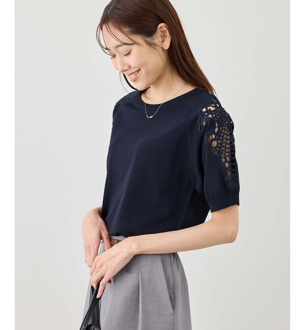 Rope&rsquo;Picnic「八方映えニット 袖レースニットプルオーバー/UVカット・接触冷感・イージーケア」|ニット・セーター|