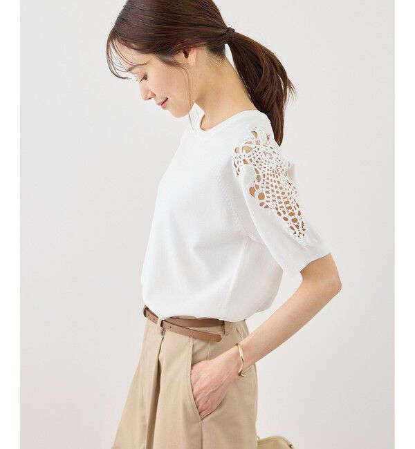 Rope&rsquo;Picnic「八方映えニット 袖レースニットプルオーバー/UVカット・接触冷感・イージーケア」|ニット・セーター|