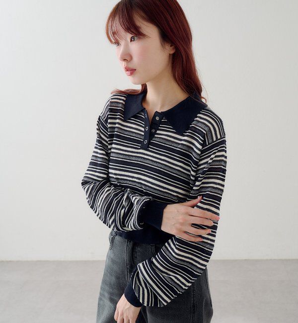  「ボーダーシアーポロニット」|ニット・セーター|
