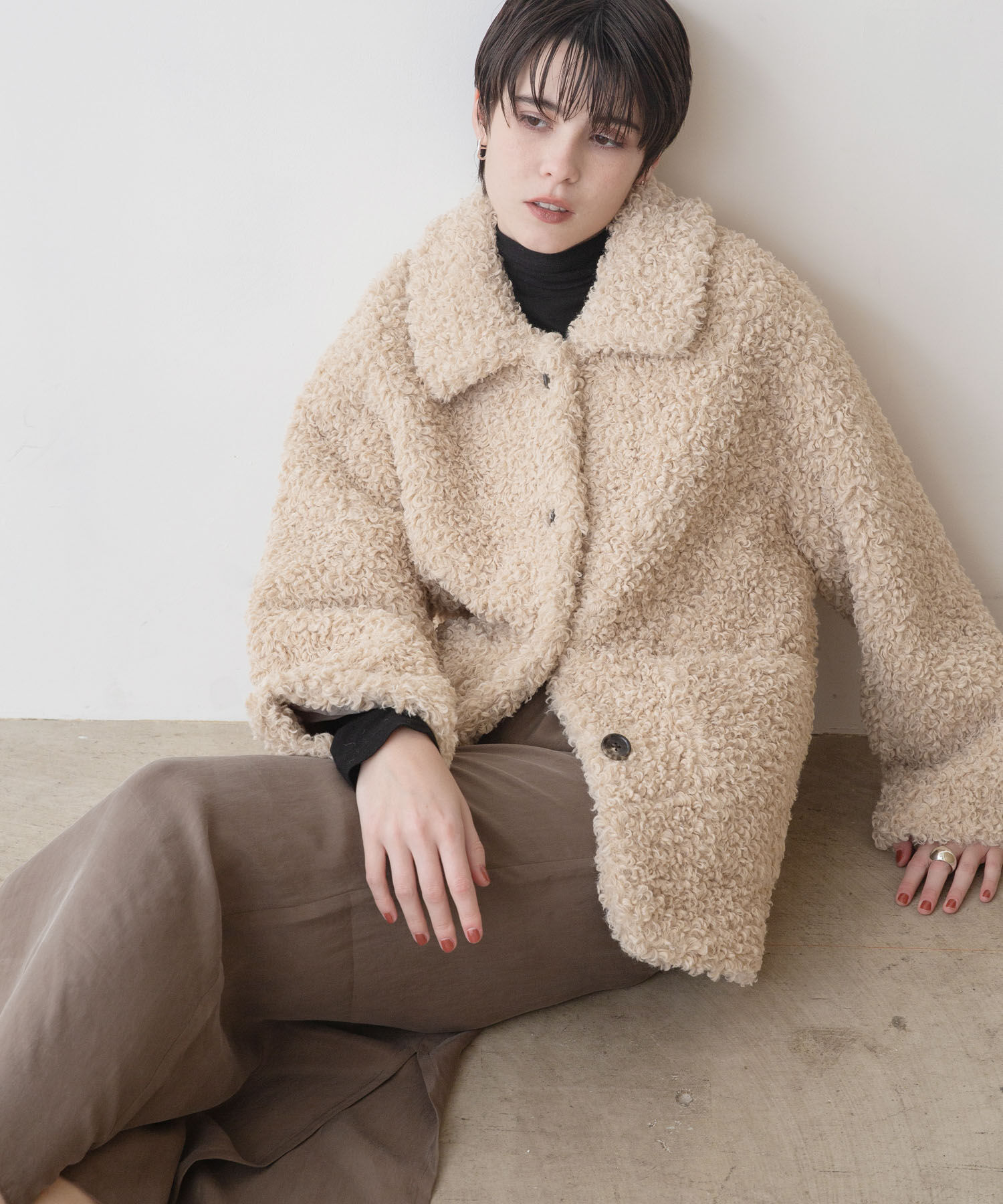 URBAN RESEARCH「ECOPELカーリーファーコート」|ノーカラーコート|