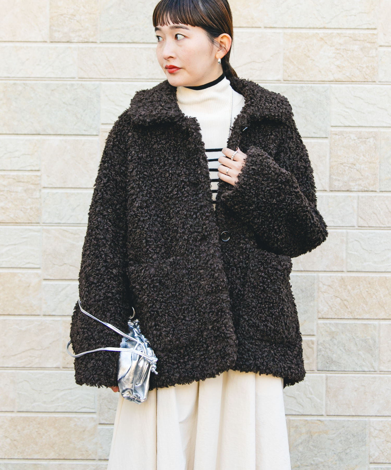 URBAN RESEARCH「ECOPELカーリーファーコート」|ノーカラーコート|