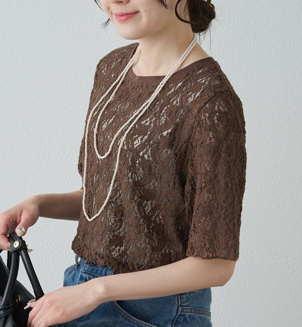  「ストレッチレースTシャツ」|Tシャツ・カットソー|ブラウン