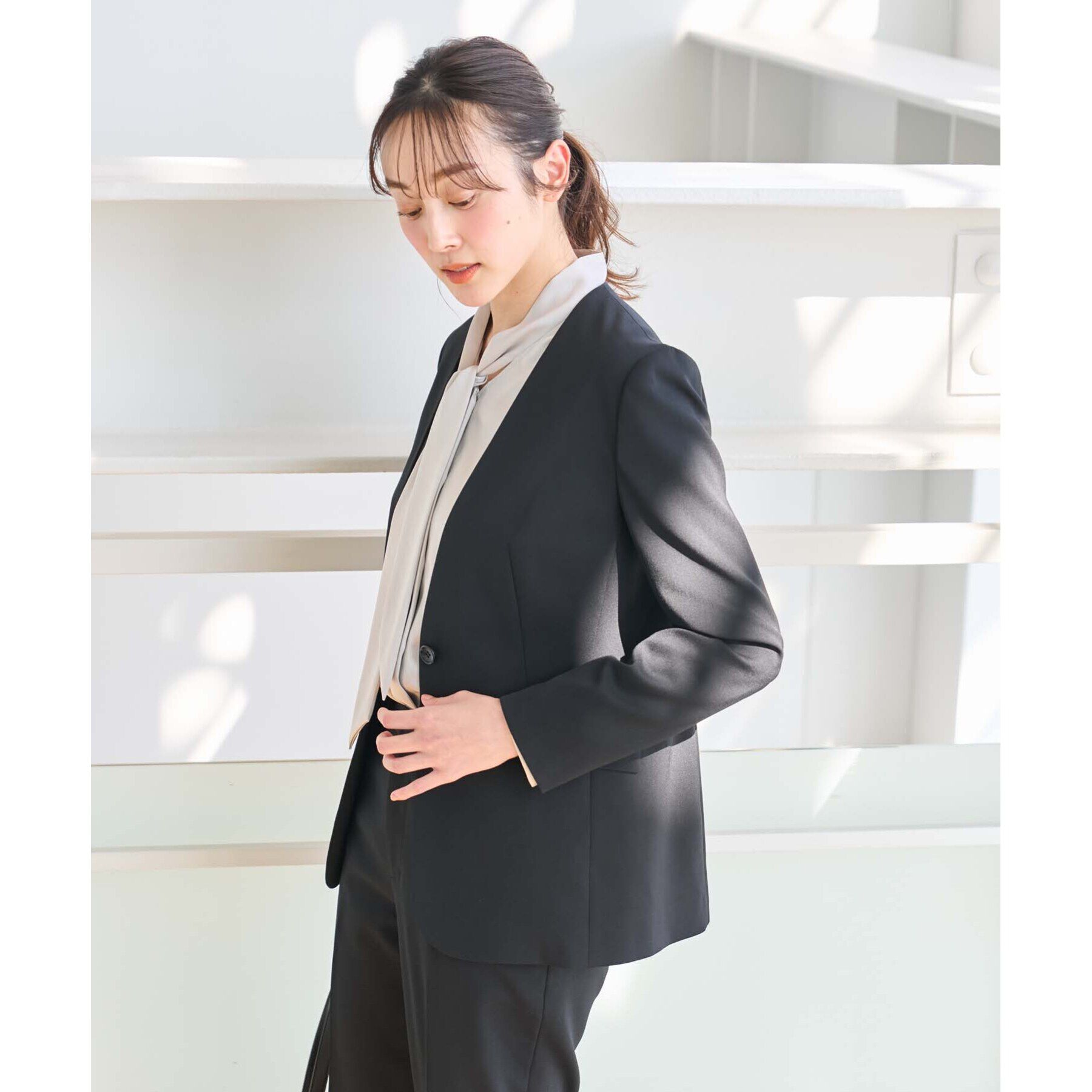 UNTITLED「【軽くて快適！】ウール混 ストレッチノーカラージャケット」|ノーカラージャケット|