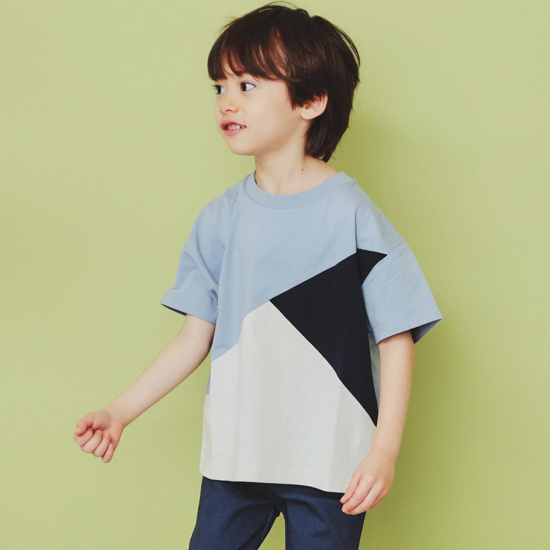 THE SHOP TK「【110－160】斜め切替配色Tシャツ/洗濯機OK」|Tシャツ・カットソー|サックスブルー(59