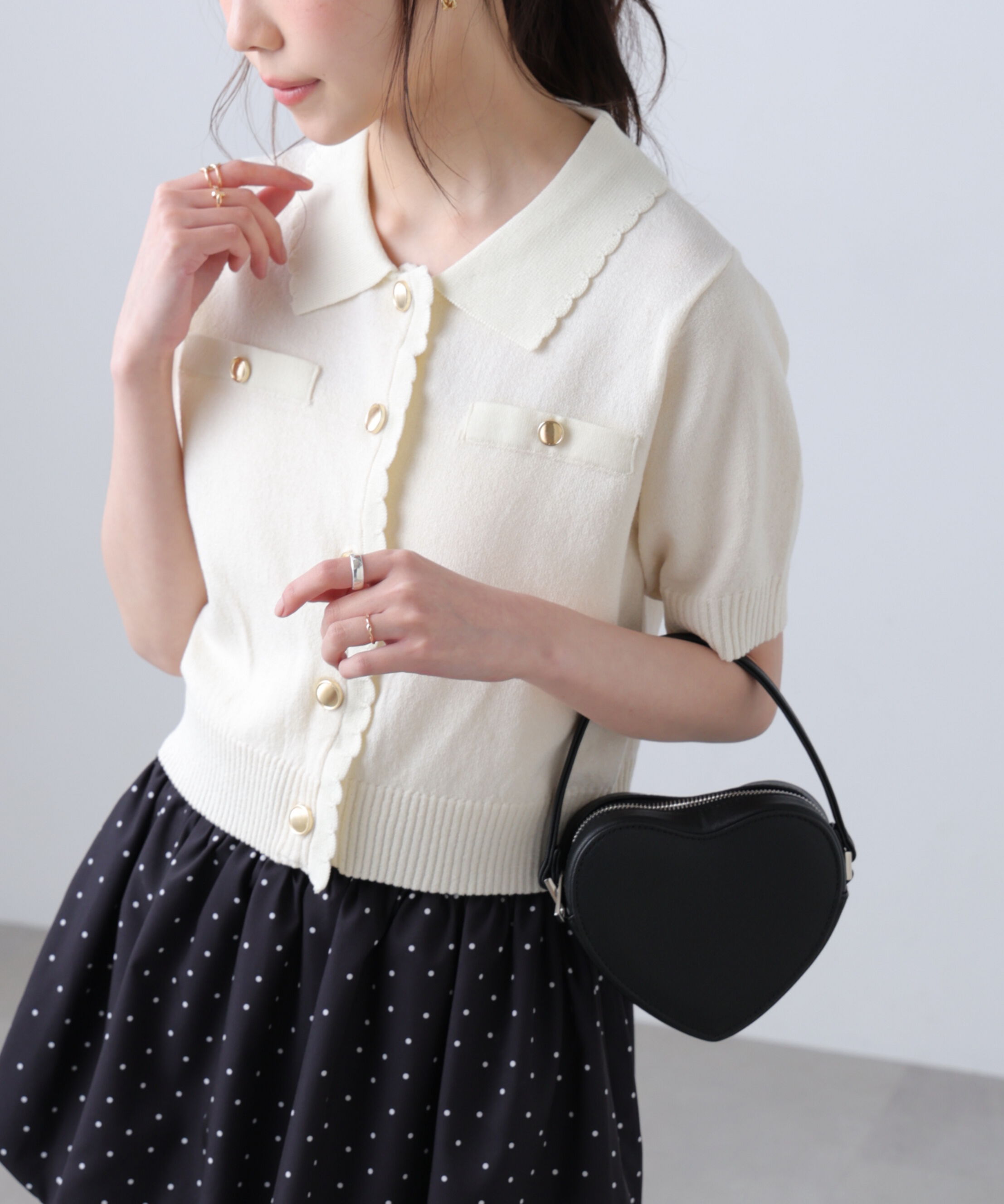  「衿付きミニブークレ半袖カーディガン」|ニット・セーター|