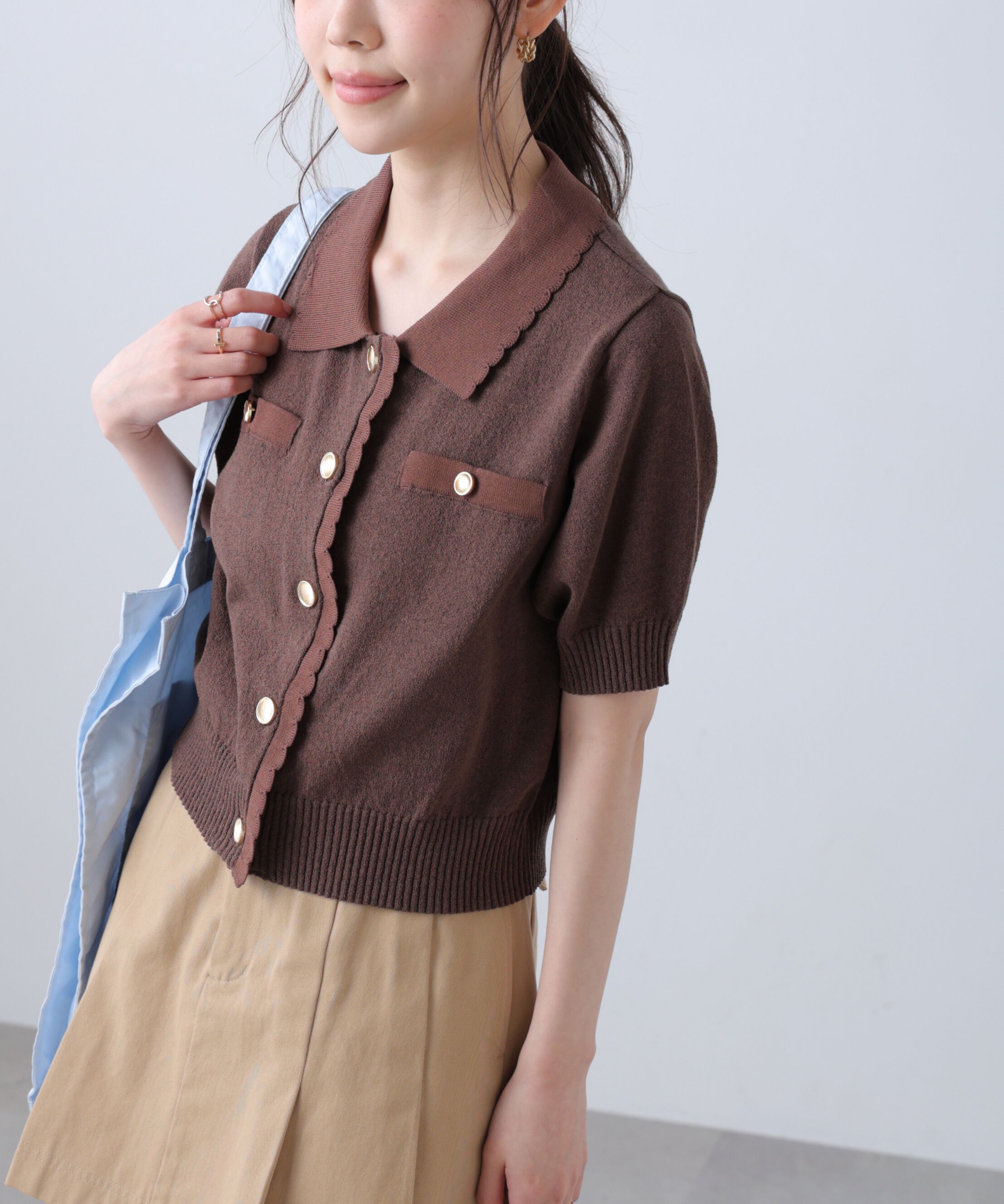 「衿付きミニブークレ半袖カーディガン」|ニット・セーター|