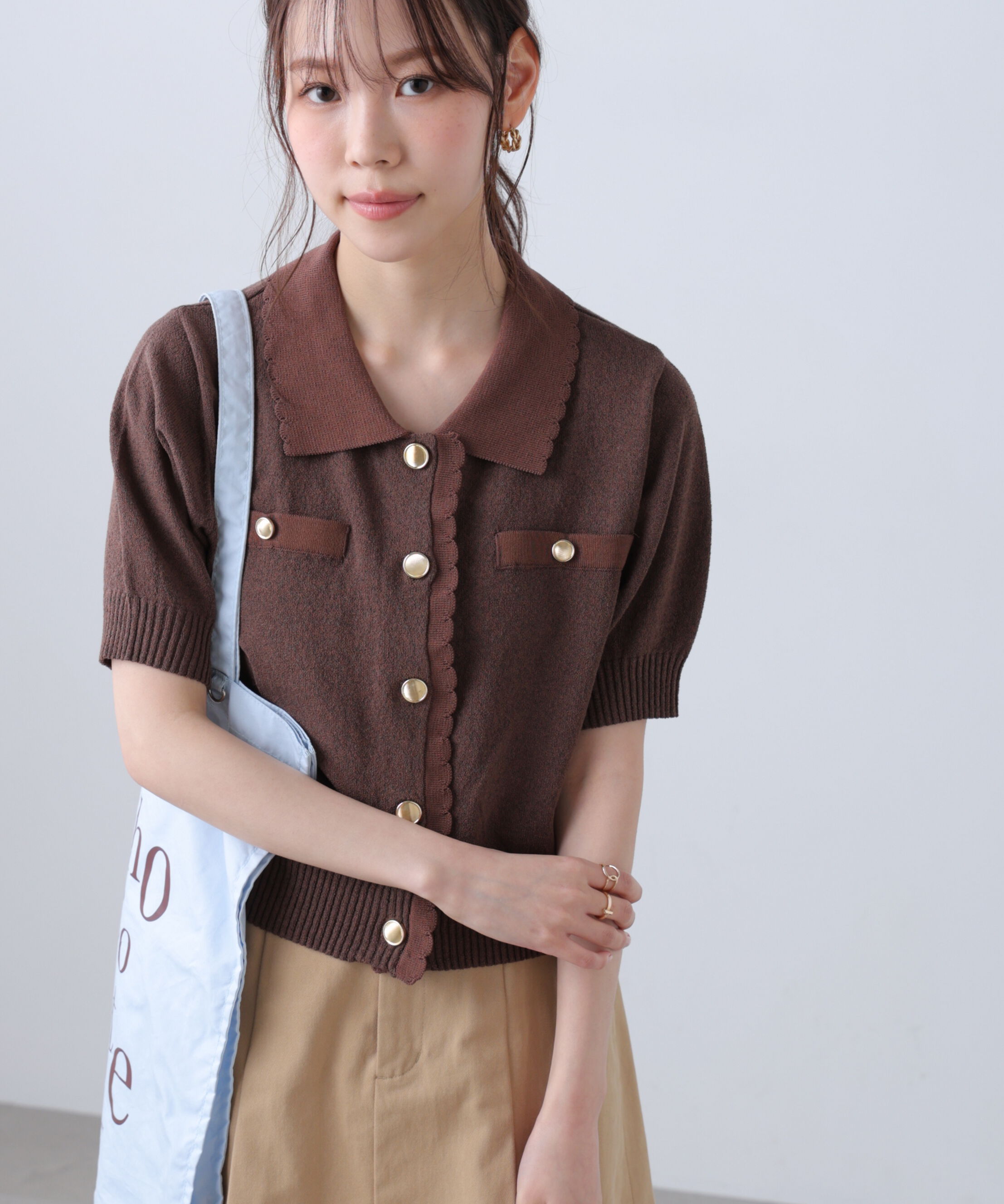  「衿付きミニブークレ半袖カーディガン」|ニット・セーター|