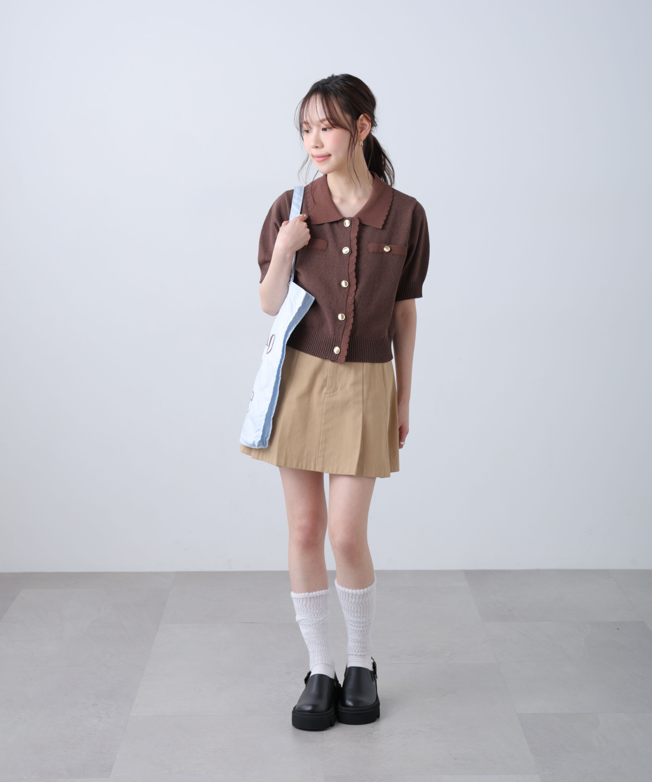  「衿付きミニブークレ半袖カーディガン」|ニット・セーター|