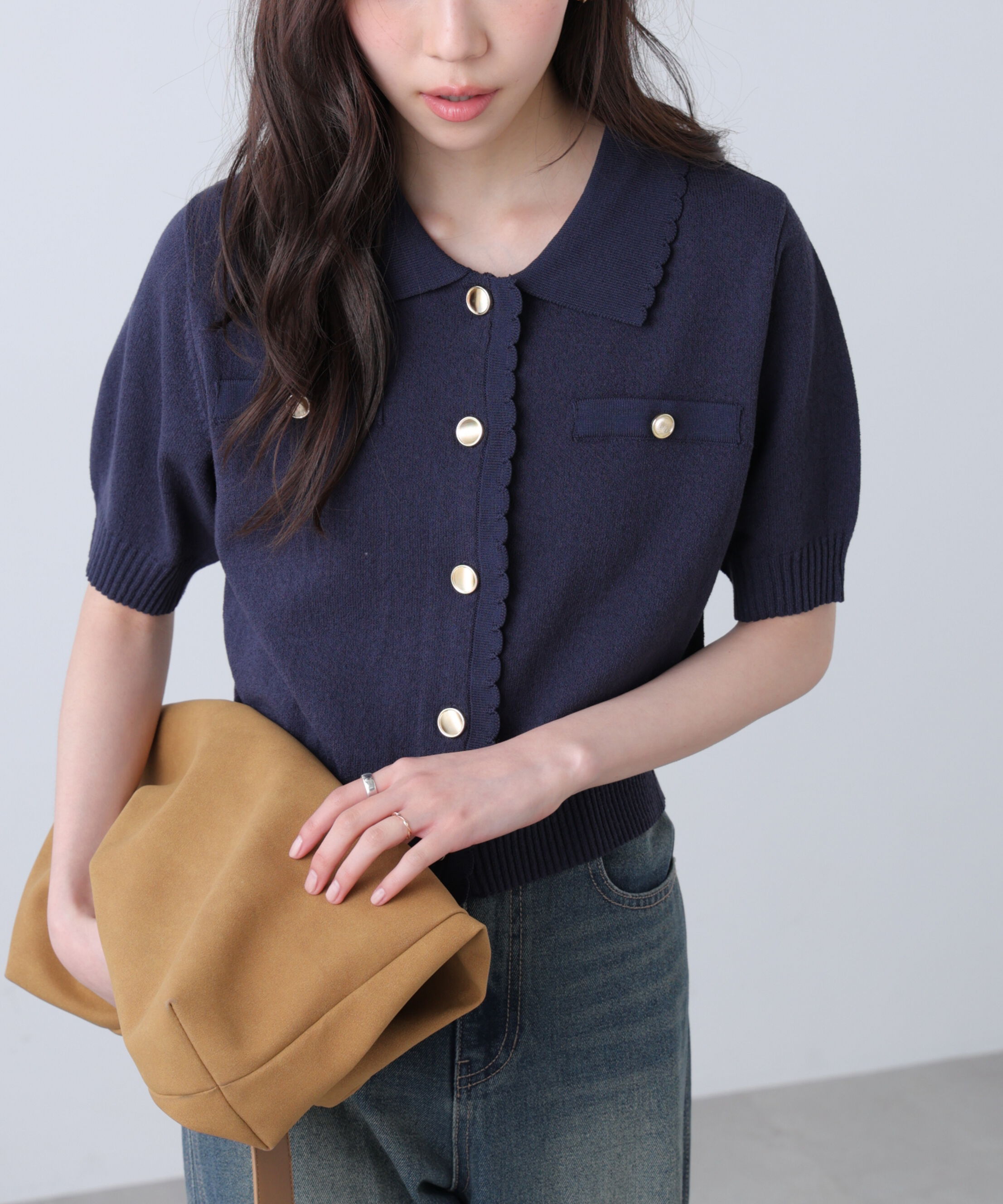  「衿付きミニブークレ半袖カーディガン」|ニット・セーター|ネイビー