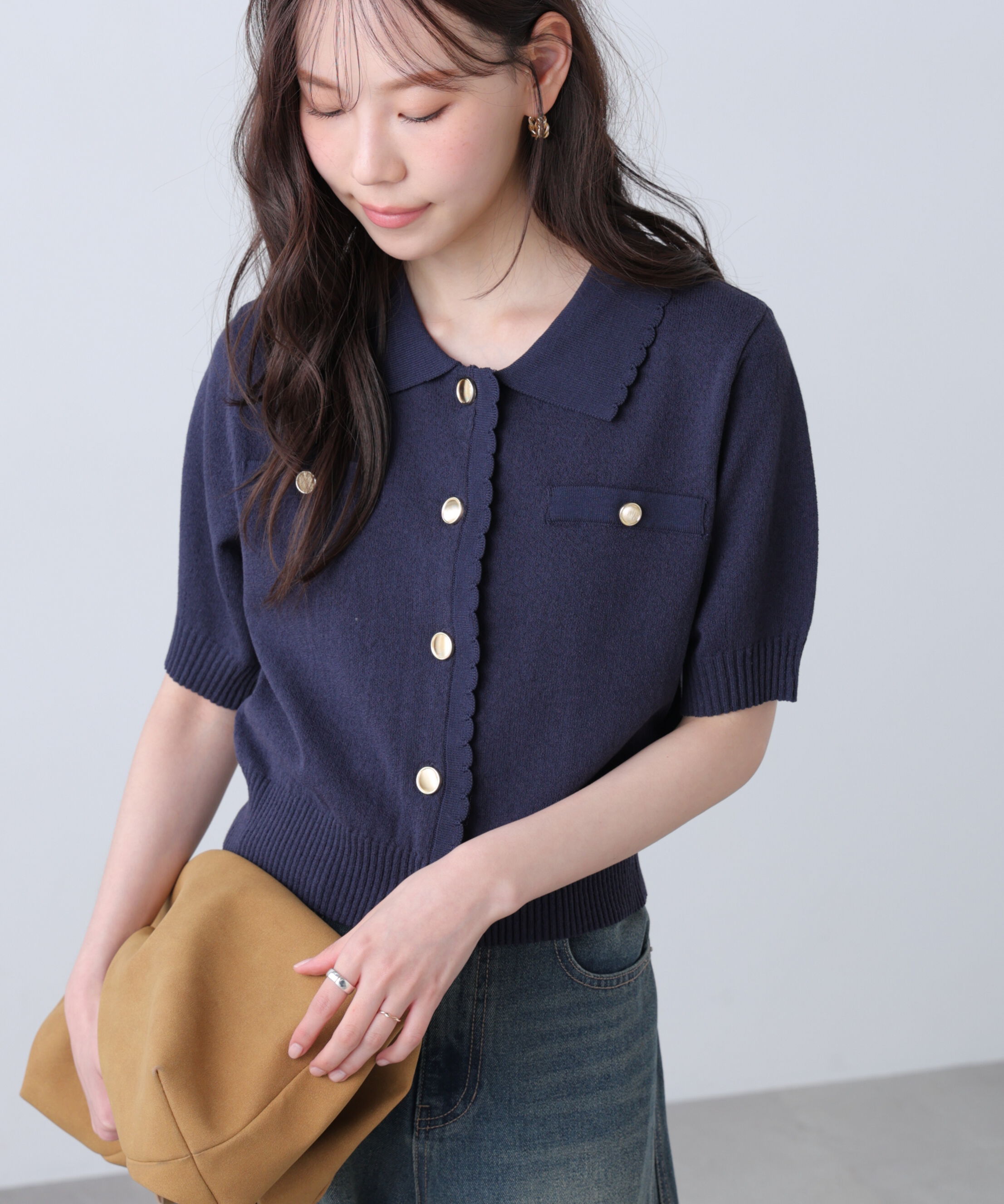  「衿付きミニブークレ半袖カーディガン」|ニット・セーター|