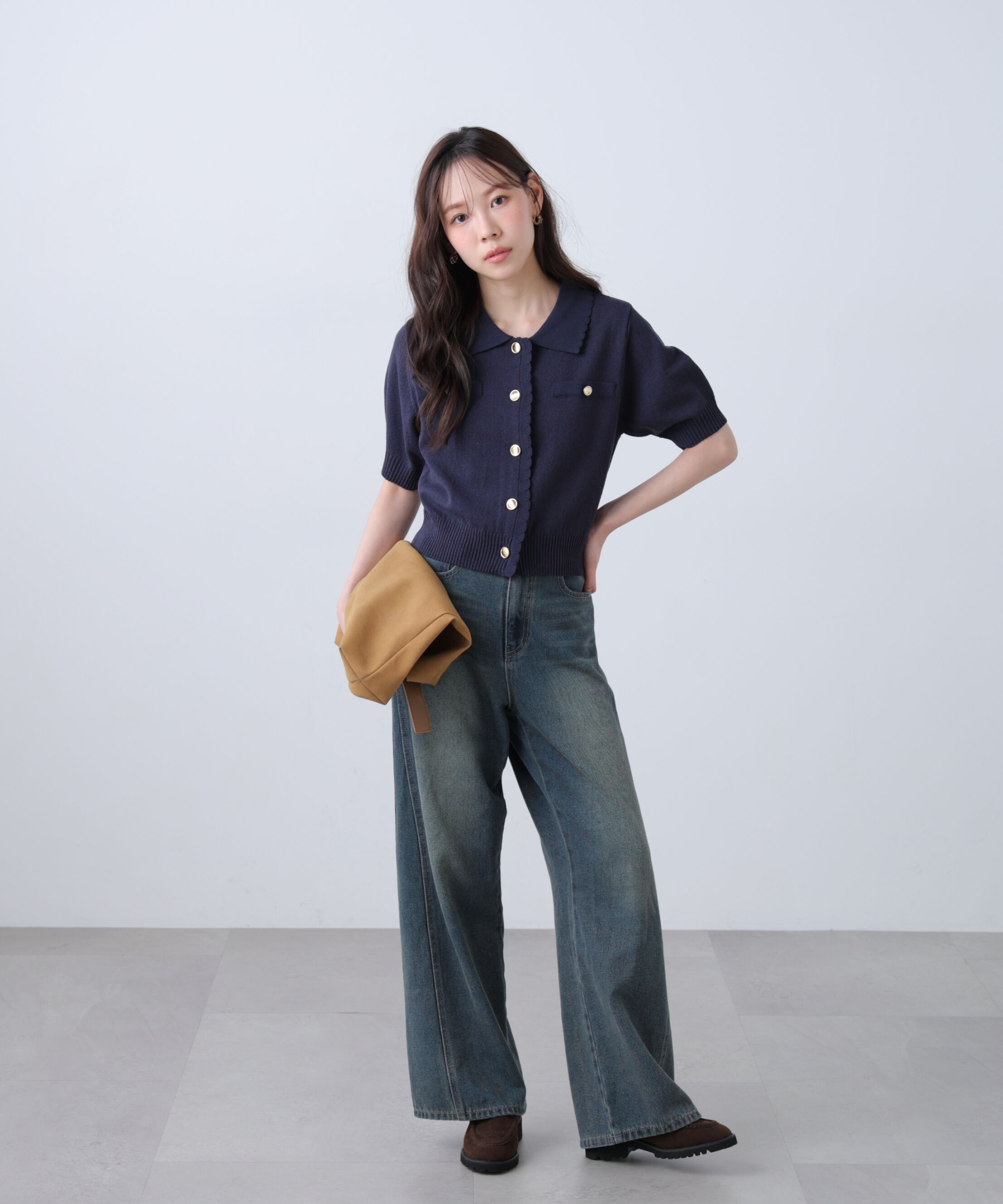  「衿付きミニブークレ半袖カーディガン」|ニット・セーター|