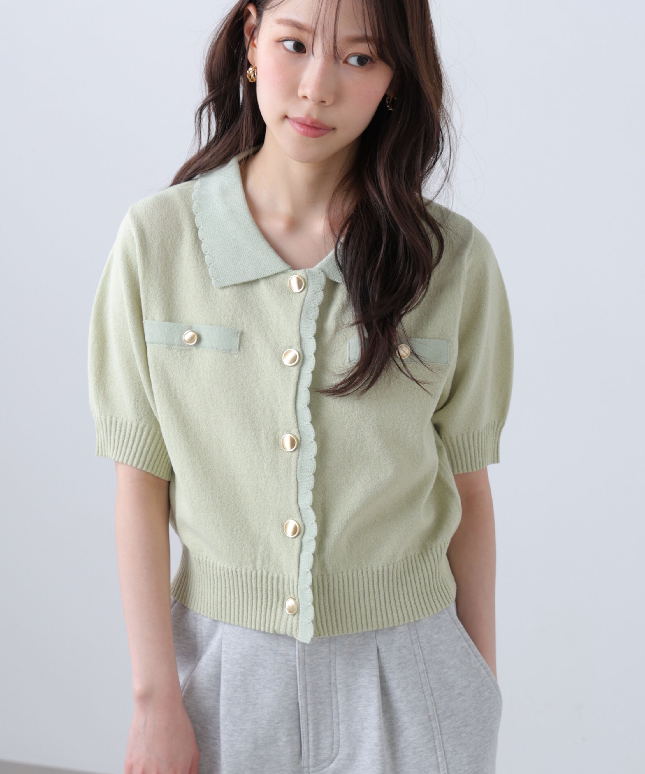  「衿付きミニブークレ半袖カーディガン」|ニット・セーター|ライトグリー