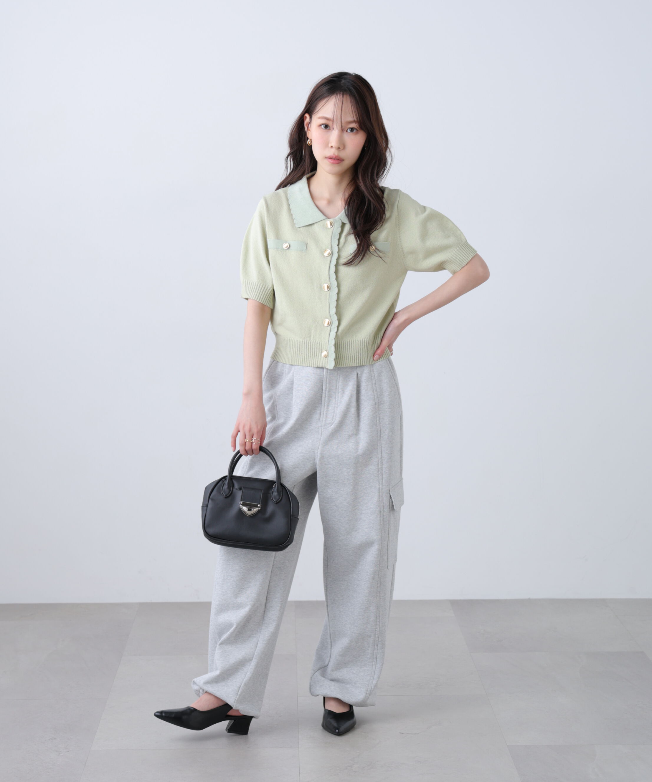  「衿付きミニブークレ半袖カーディガン」|ニット・セーター|