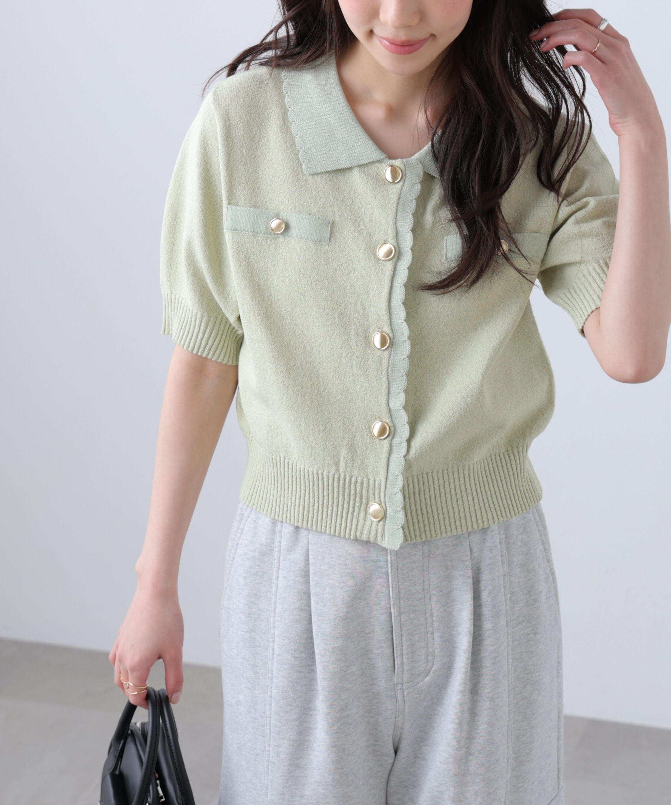  「衿付きミニブークレ半袖カーディガン」|ニット・セーター|