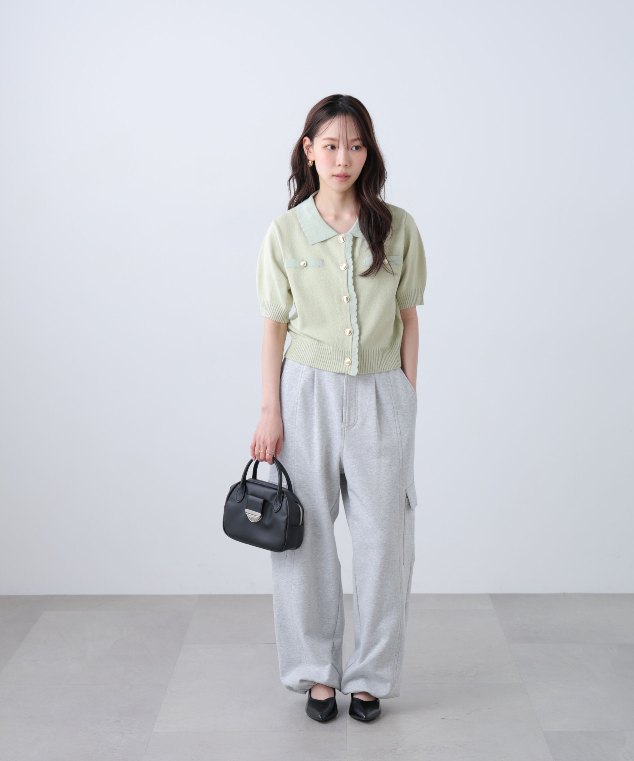  「衿付きミニブークレ半袖カーディガン」|ニット・セーター|