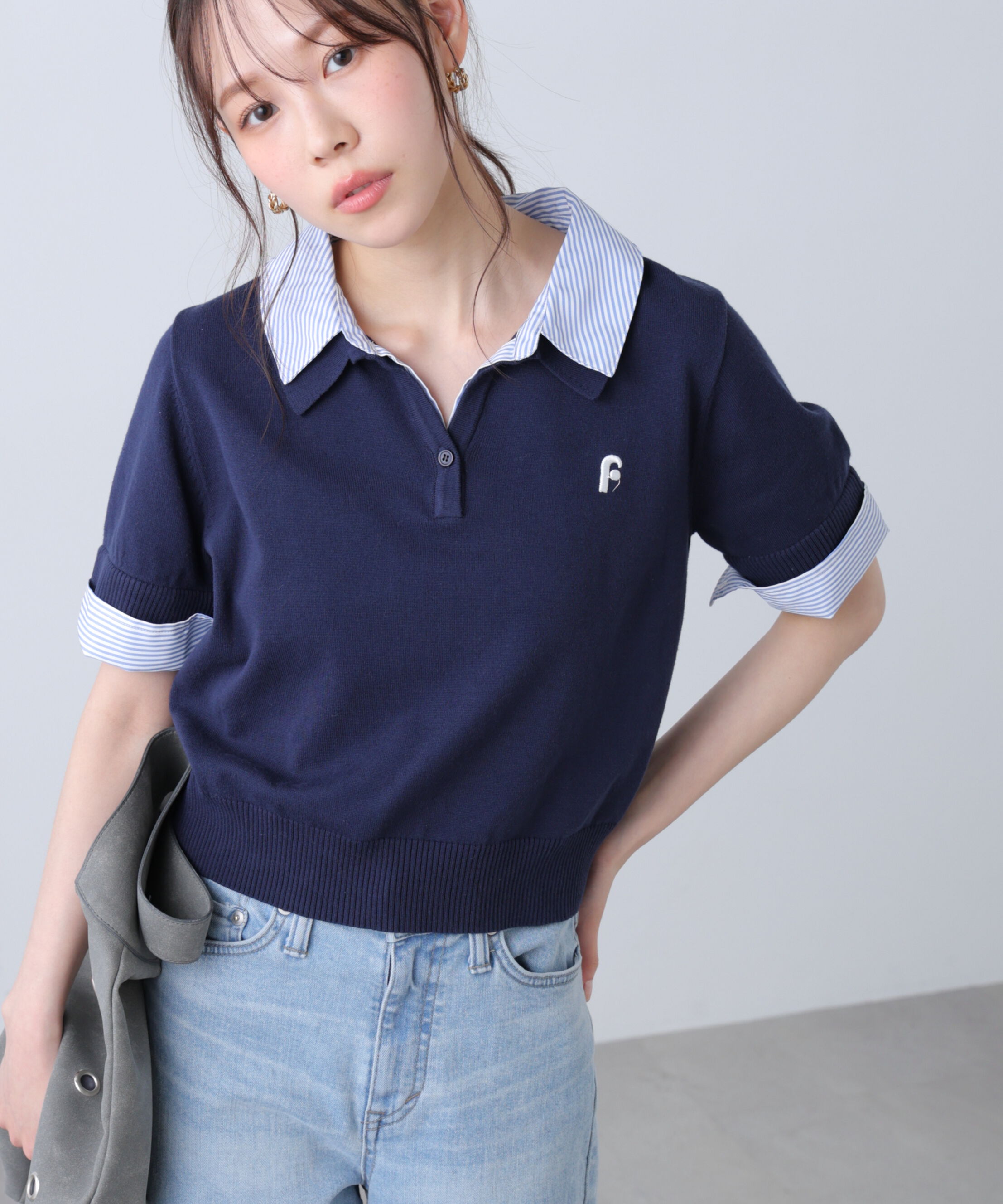  「衿付きレイヤード風半袖ポロニット」|ニット・セーター|