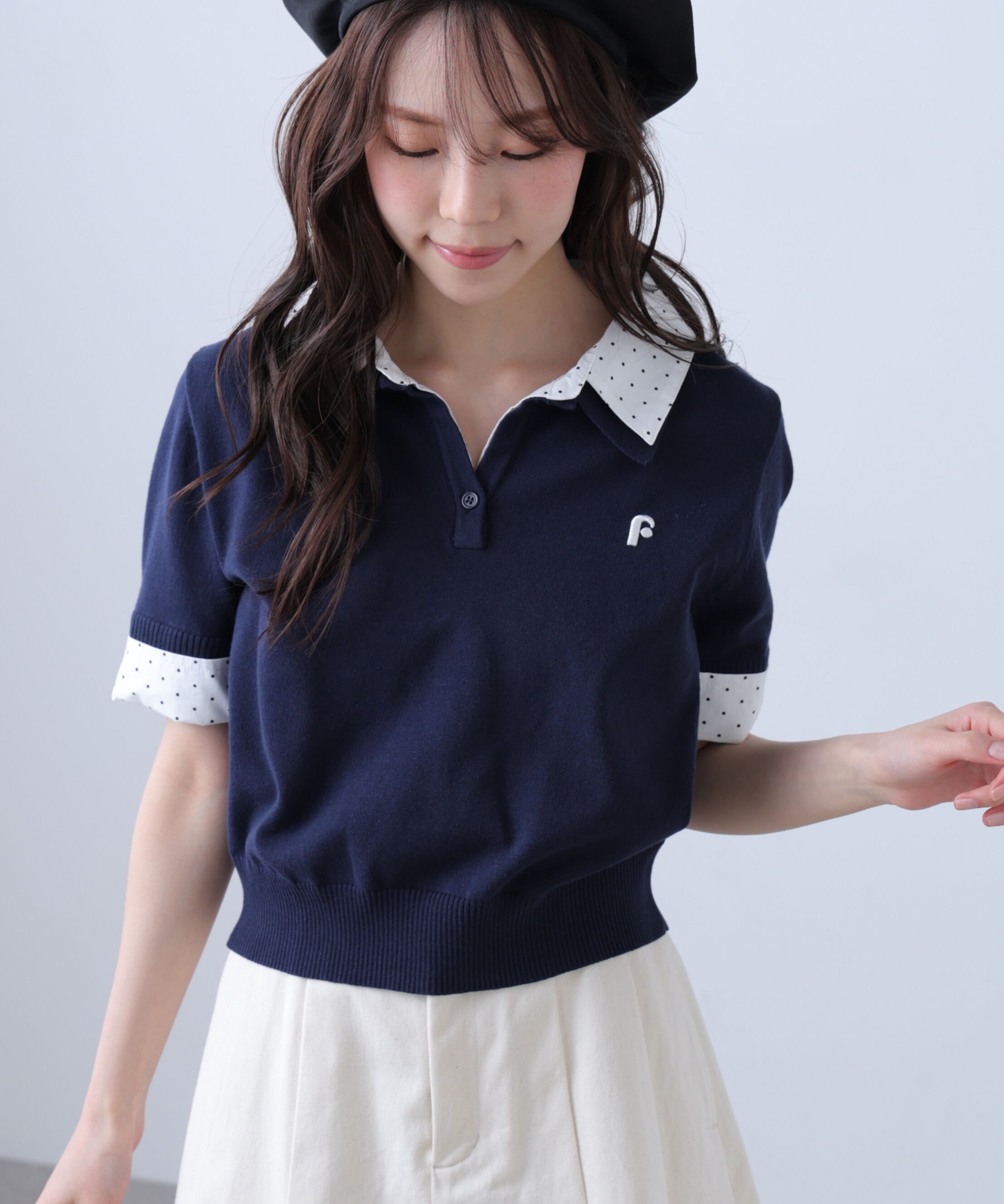  「衿付きレイヤード風半袖ポロニット」|ニット・セーター|ネイビー&times;オ  1