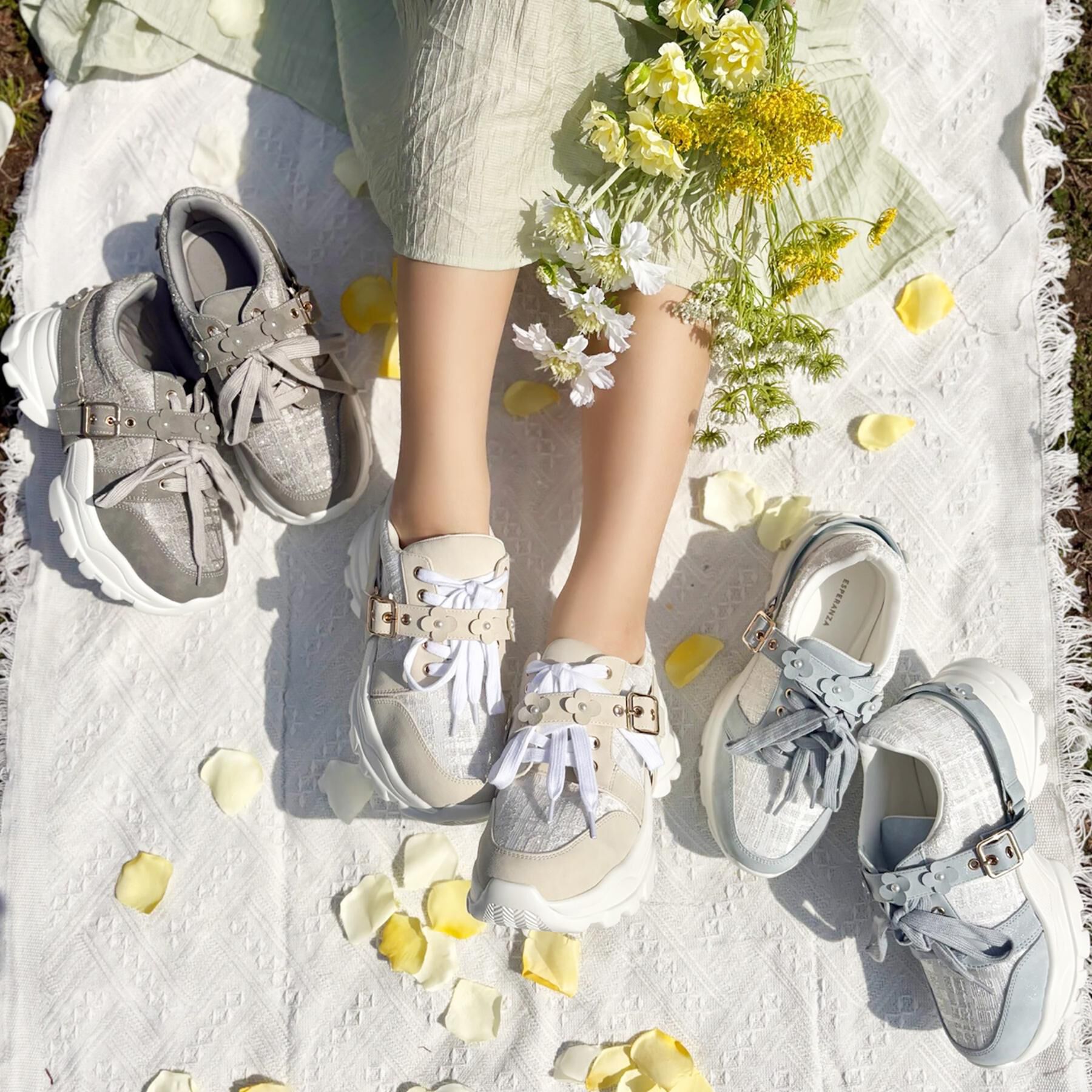 ESPERANZA「ツイード風フラワーベルト厚底スニーカー」|スニーカー|