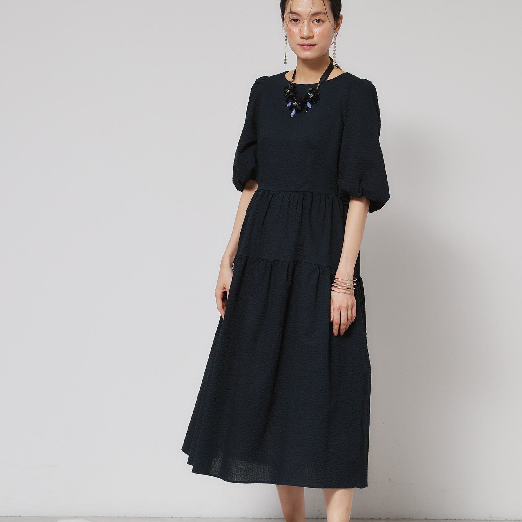 SunaUna「【お出かけ】パフスリーブワンピース」|ワンピース|ネイビー(094)