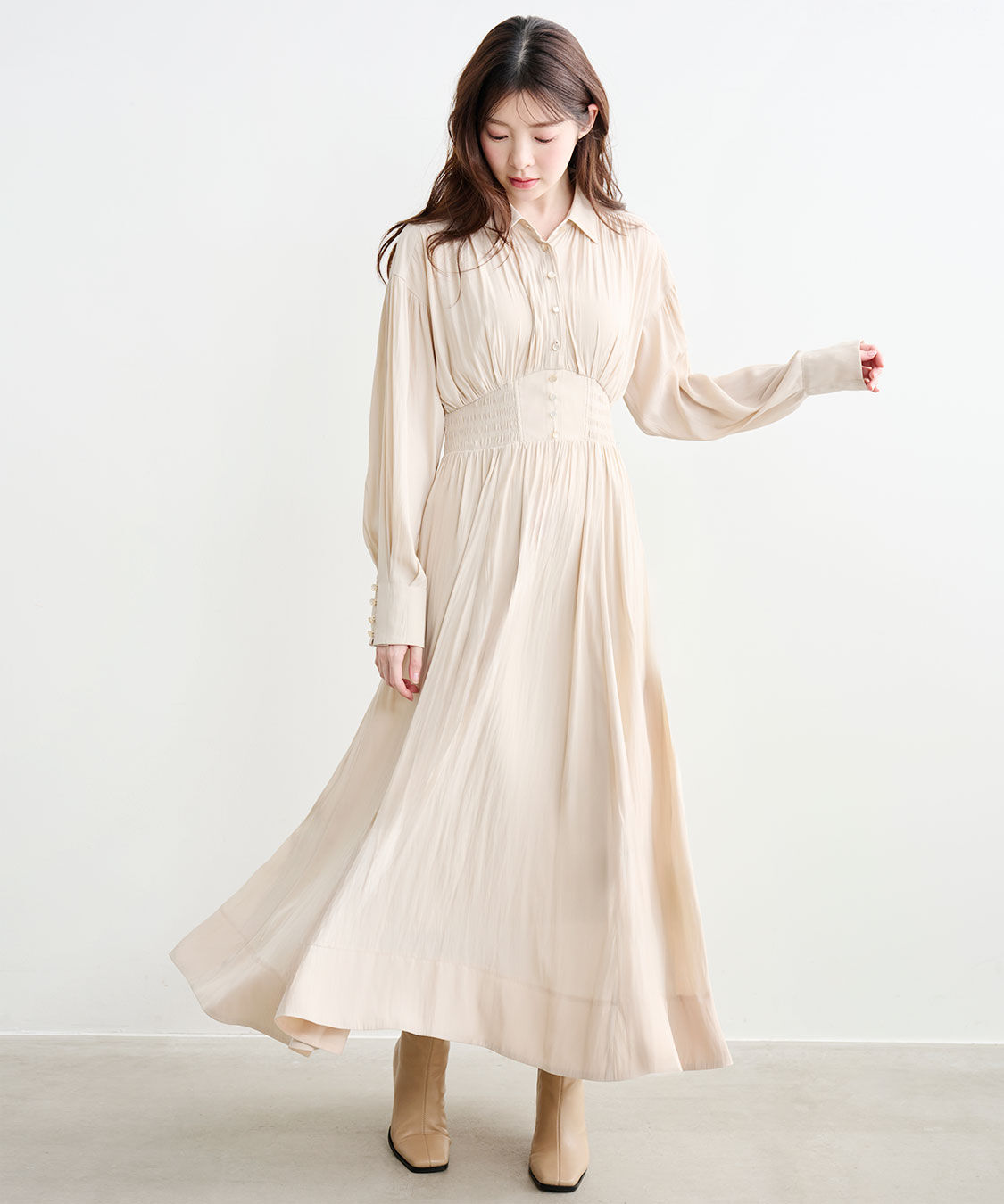 COCO DEAL「ウエストシャーリングシャツワンピース」|ワンピース|ベージュ