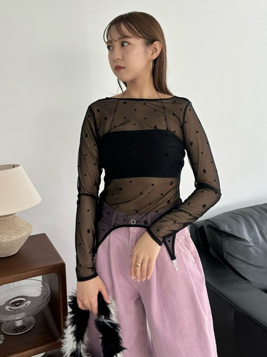 LILY BROWN Lingerie「【LILY BROWN Lingerie】シアーフロッキートップス&times;バンドゥセット」|Tシャツ・カットソー|BLK