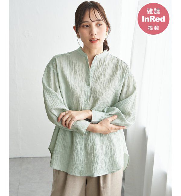 ikka「【雑誌InRed5月号掲載】冷感リネンバンドカラーシャツ」|シャツ・ブラウス|ライトグリーン