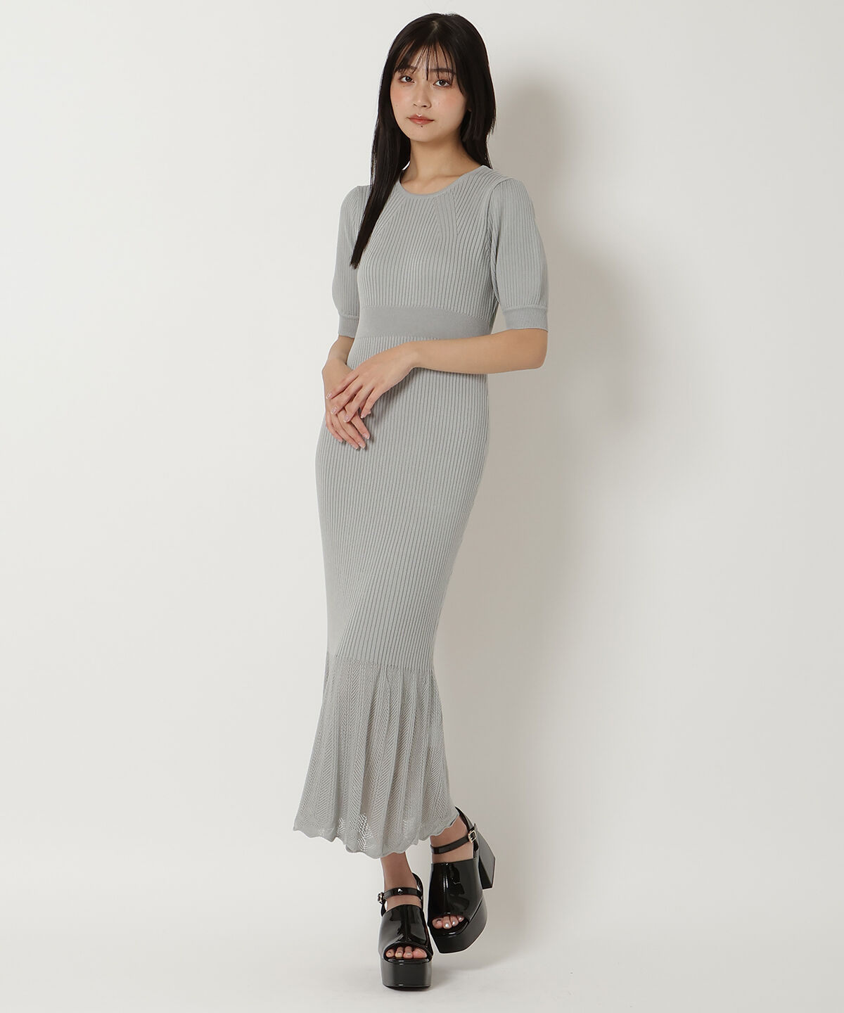 REDYAZEL「レースヘムニットワンピース」|ワンピース|ライトグレー