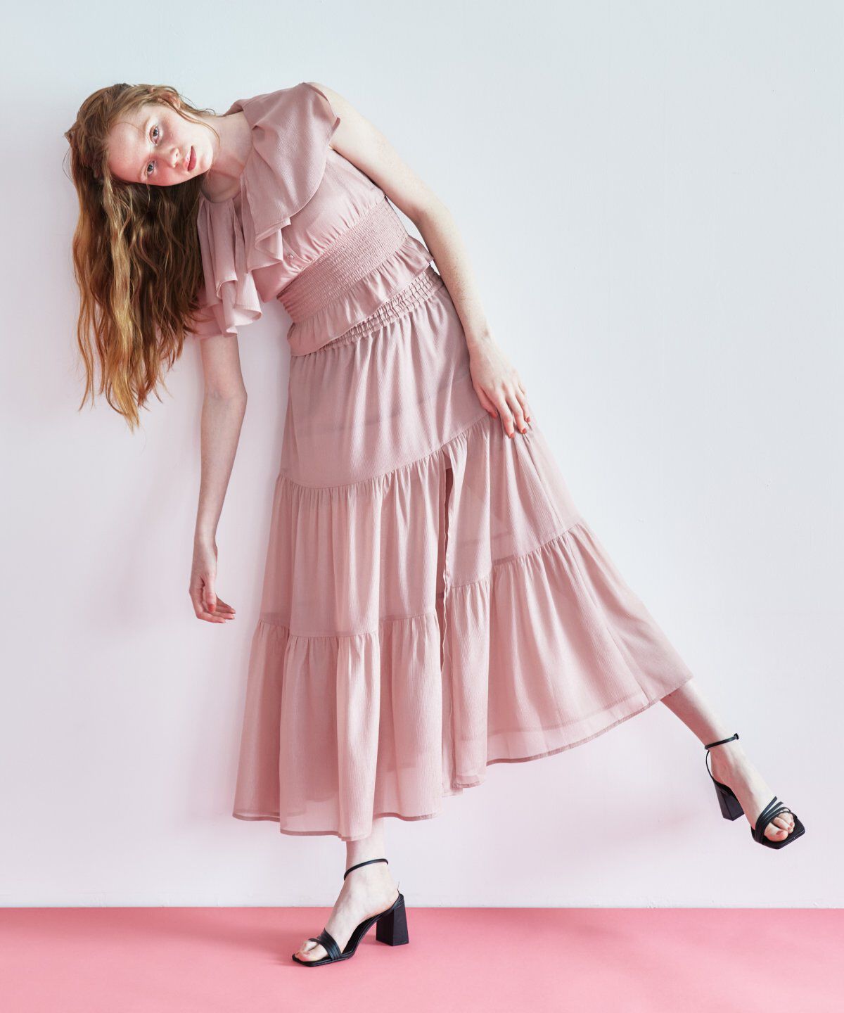 REDYAZEL「シャイニー楊柳ティアードスカート」|フレア|