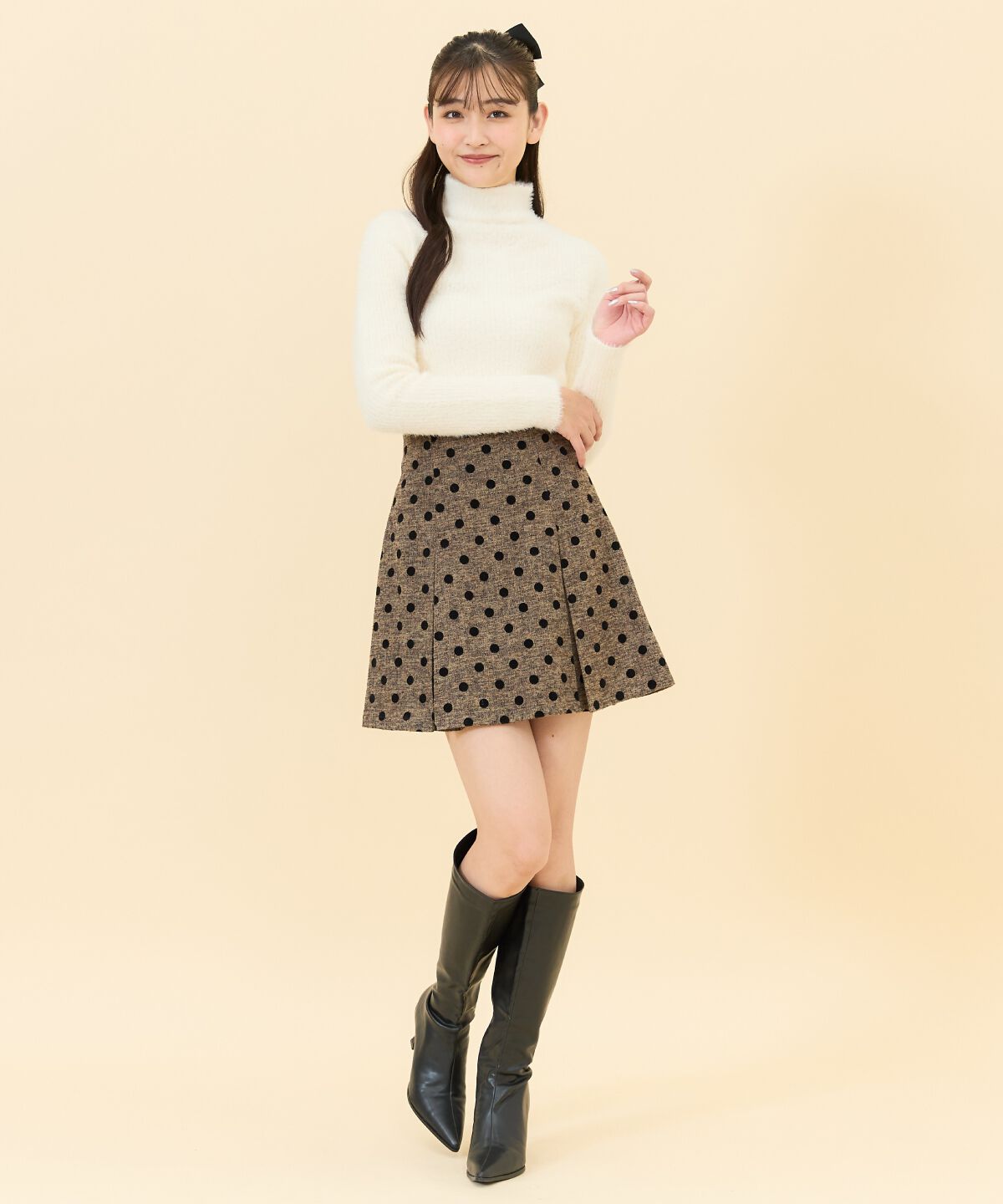 REDYAZEL「ドットフロッキーボックスプリーツミニスカート」|フレア|