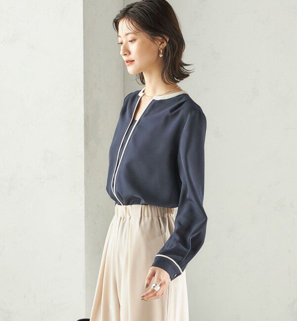 SHIPS for women「〈手洗い可能〉配色 パイピング キーネック 長袖ブラウス」|シャツ・ブラウス|