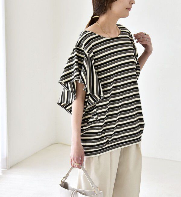 quaranciel「《予約》quaranciel:〈洗濯機可能〉マルチボーダー ラッフル コクーン プルオーバー」|Tシャツ・カットソー|