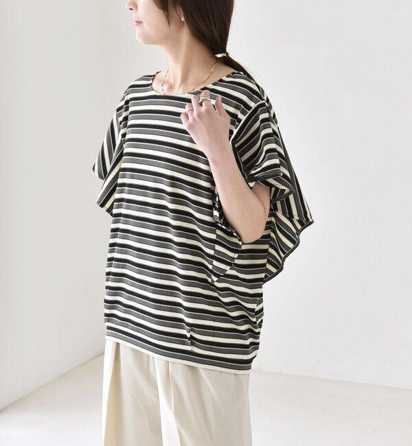 quaranciel「《予約》quaranciel:〈洗濯機可能〉マルチボーダー ラッフル コクーン プルオーバー」|Tシャツ・カットソー|