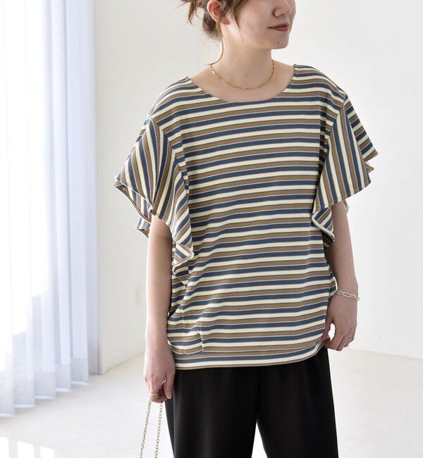 quaranciel「《予約》quaranciel:〈洗濯機可能〉マルチボーダー ラッフル コクーン プルオーバー」|Tシャツ・カットソー|